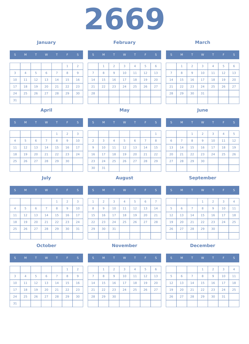 Printable 2669 Year Calendars glaucous