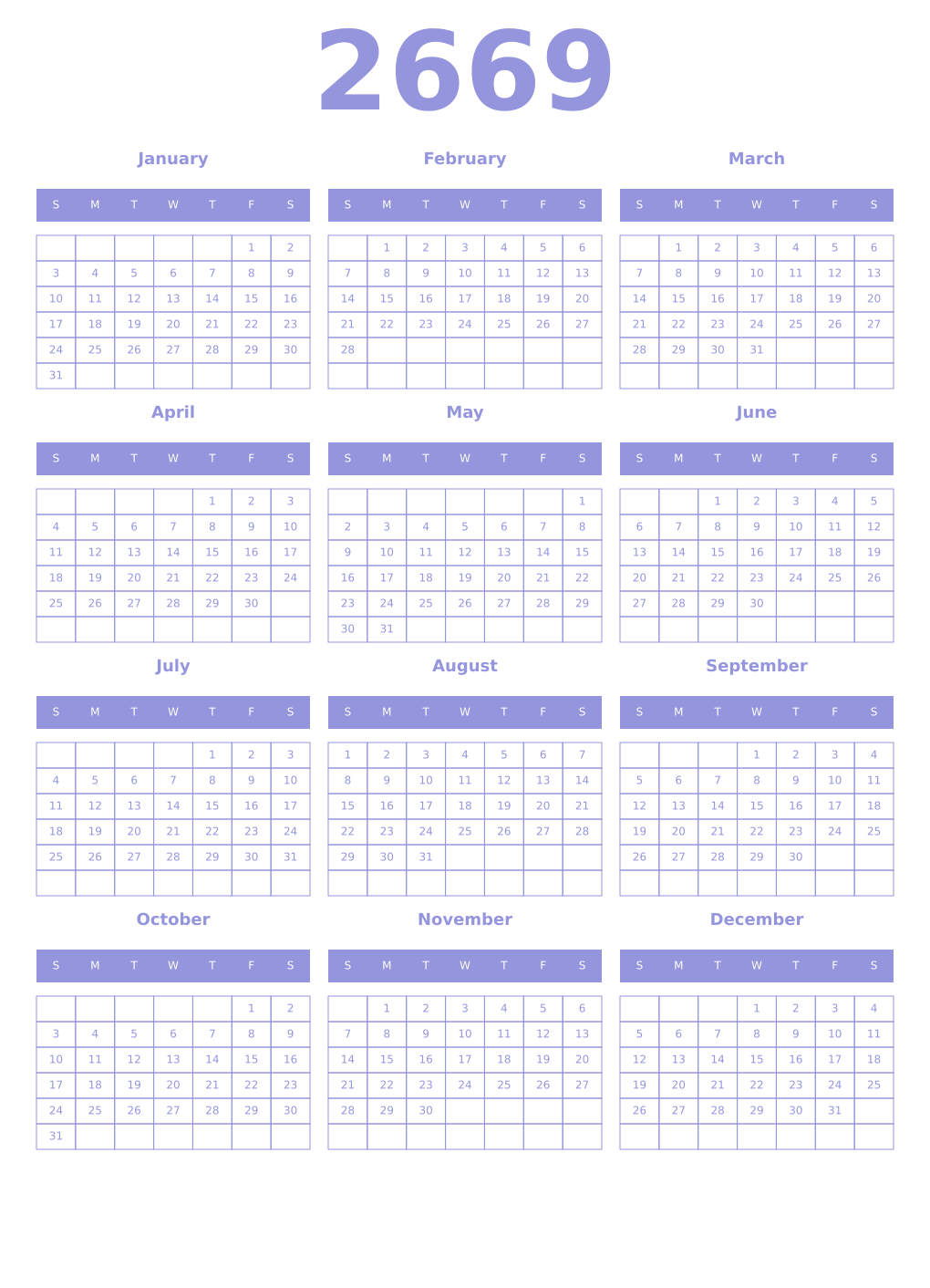 Printable 2669 Year Calendars periwinkle