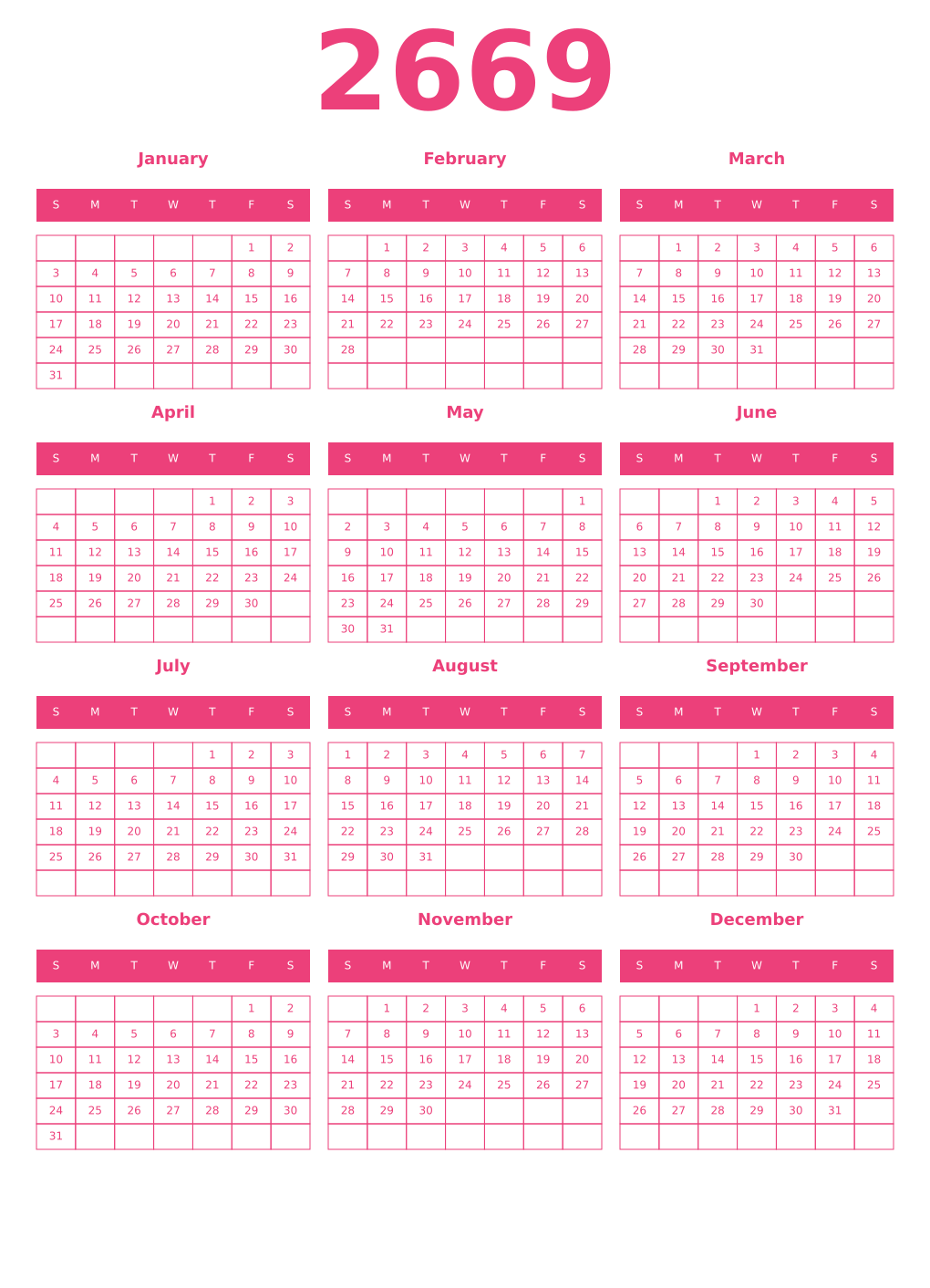 Printable 2669 Year Calendars pink