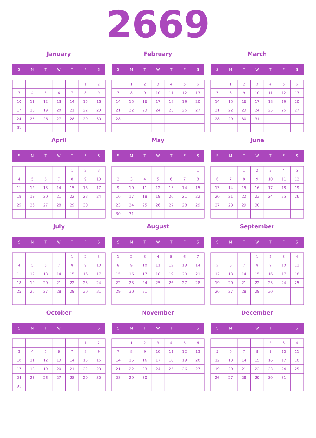 Printable 2669 Year Calendars purple