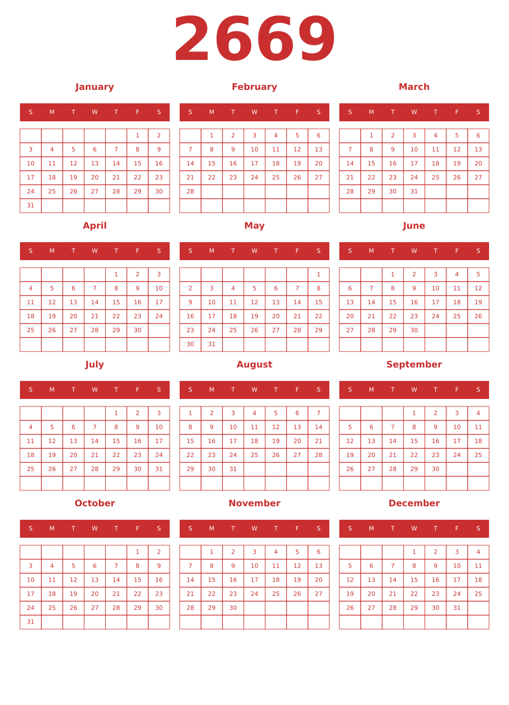 Printable 2669 Year Calendars red