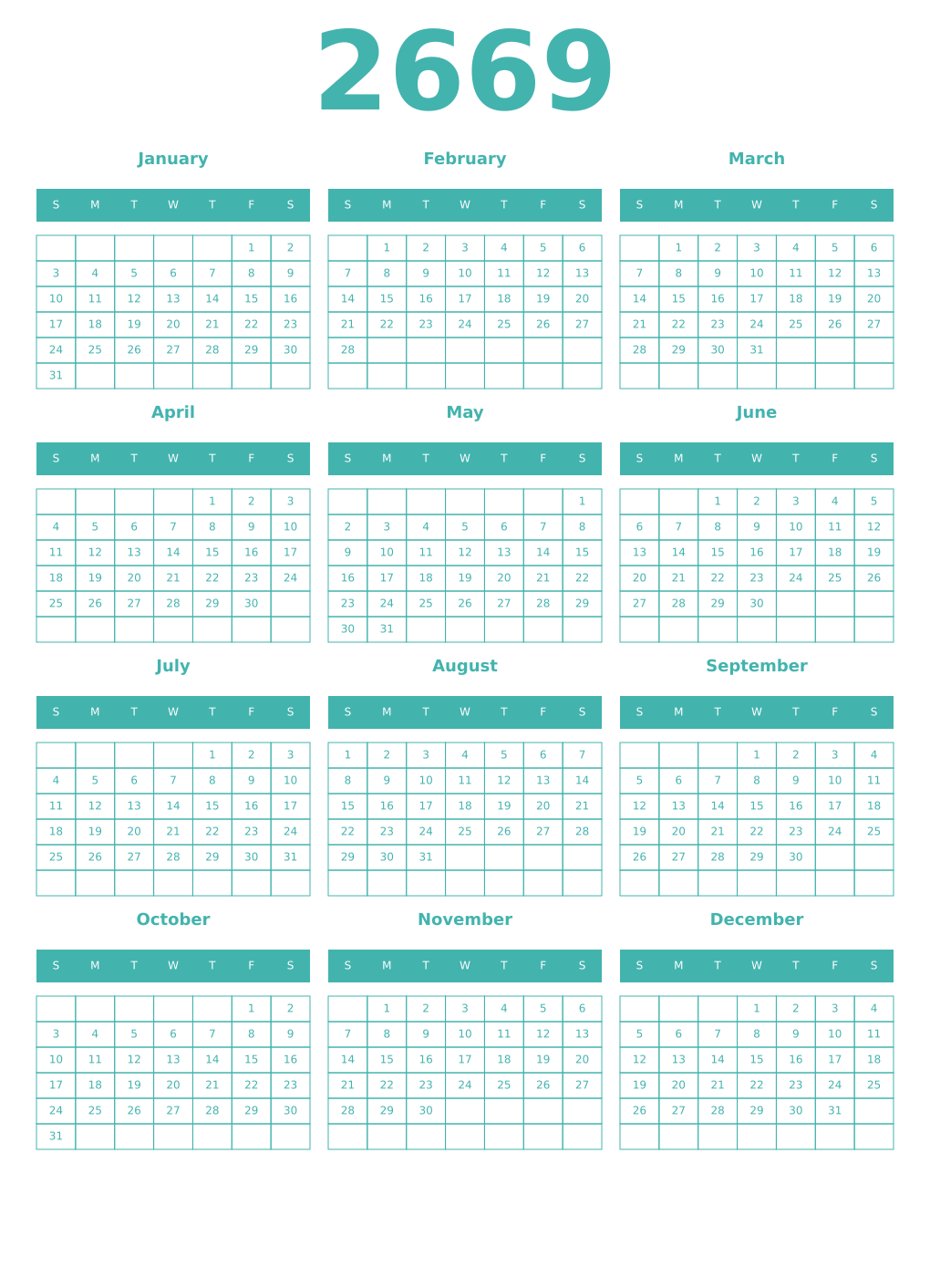 Printable 2669 Year Calendars verdigris