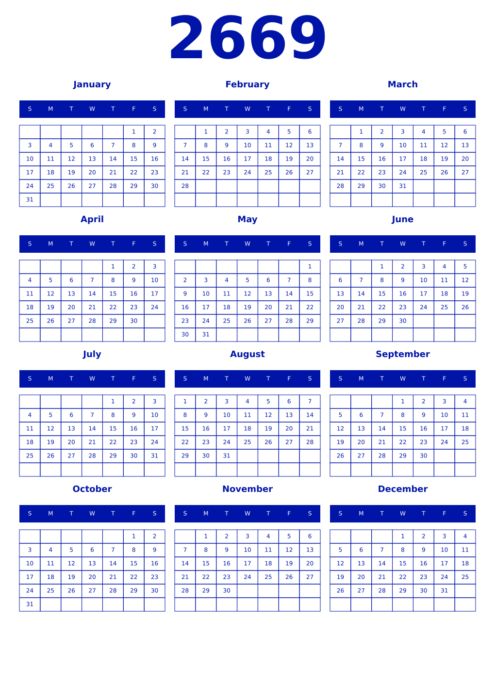 Printable 2669 Year Calendars zaffre