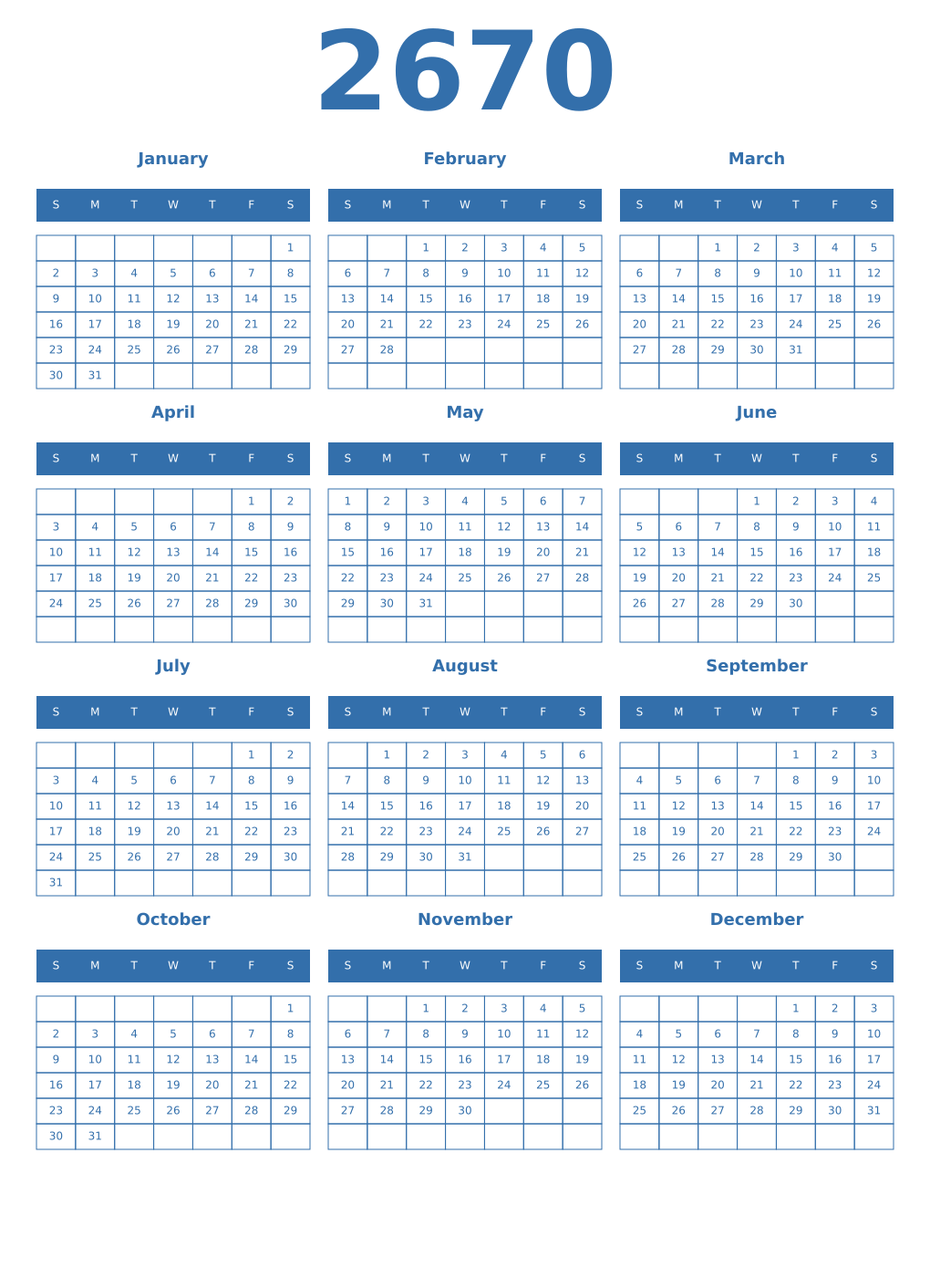 Printable 2670 Year Calendars blue