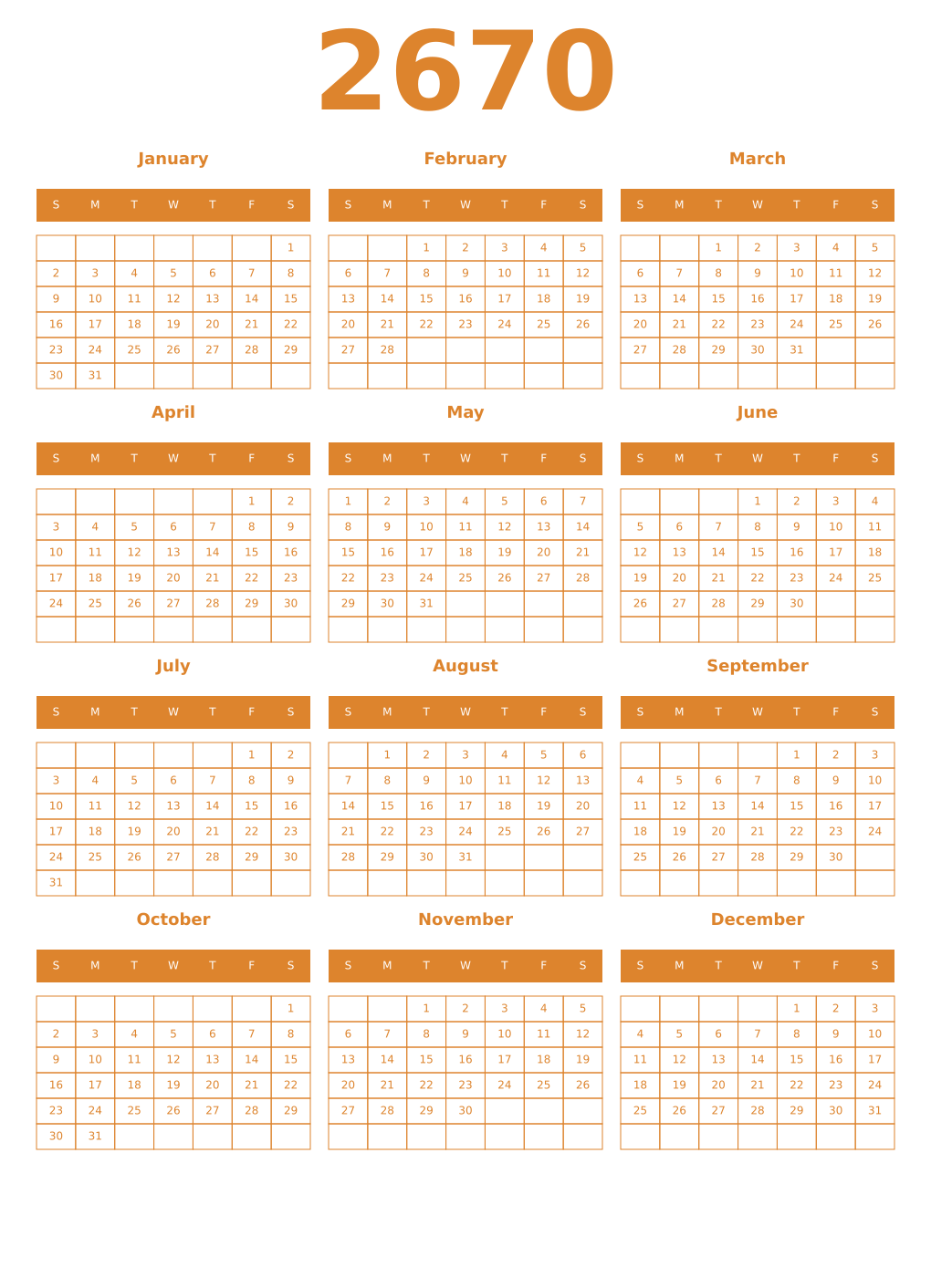 Printable 2670 Year Calendars orange