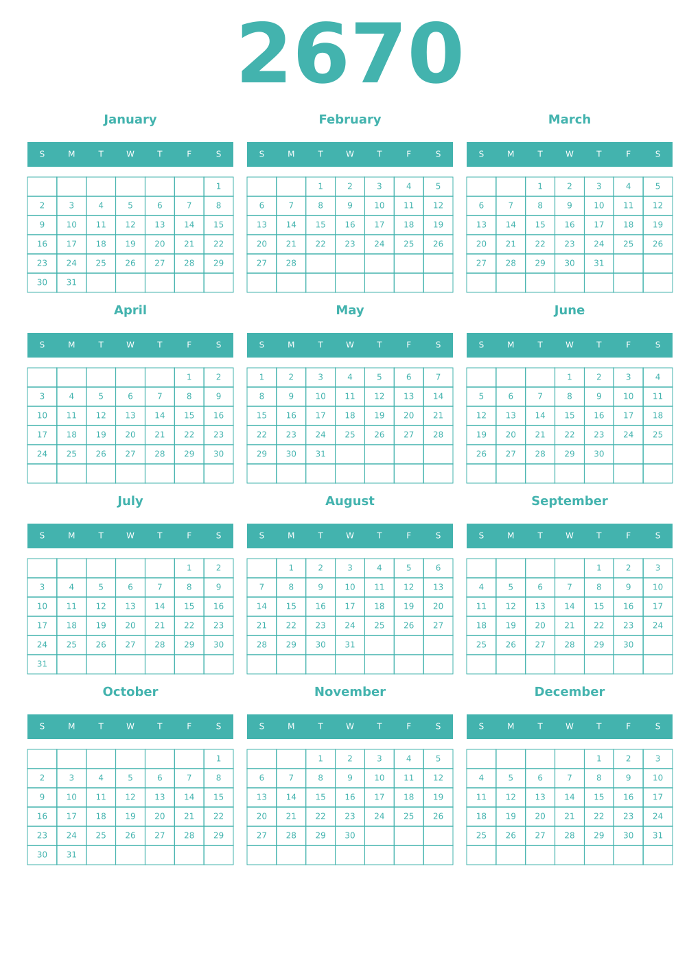 Printable 2670 Year Calendars verdigris