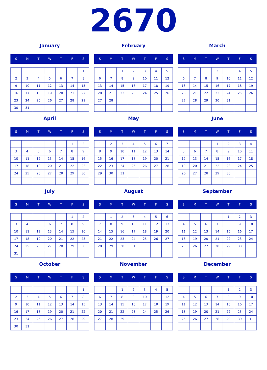 Printable 2670 Year Calendars zaffre