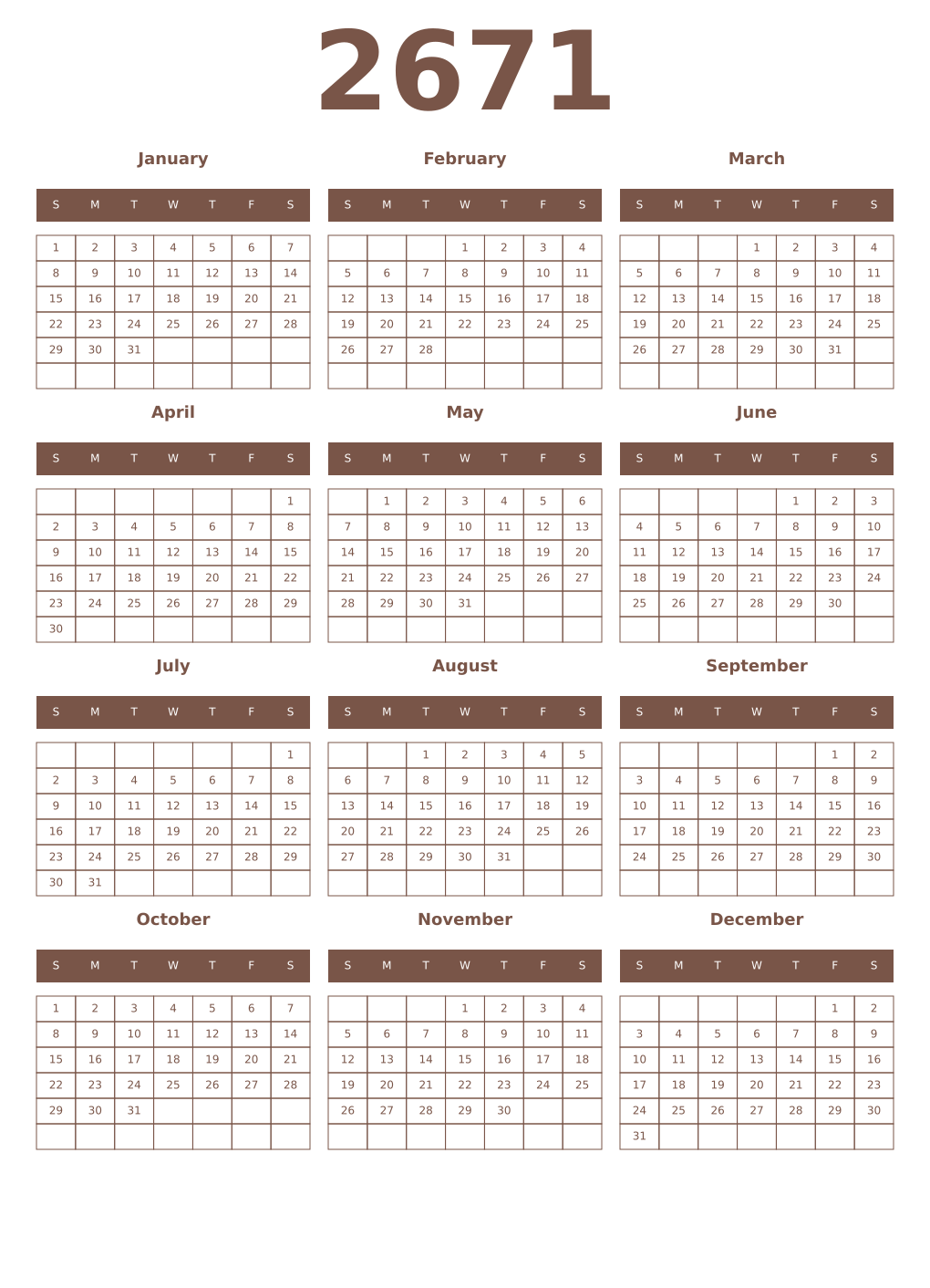 Printable 2671 Year Calendars coffe