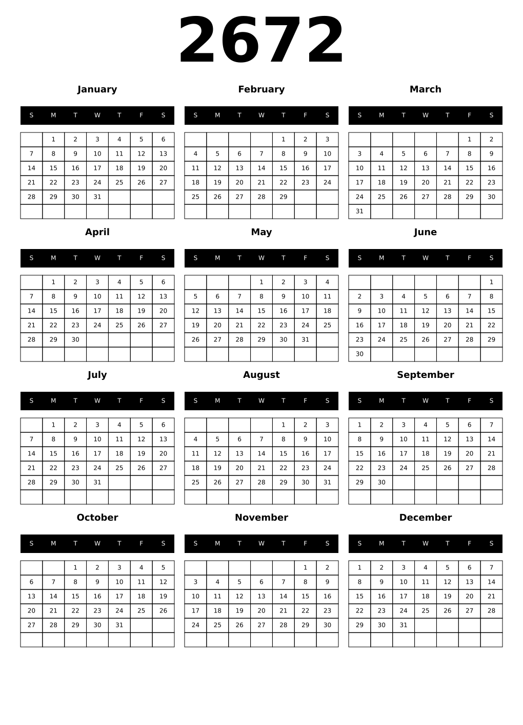 Printable 2672 Year Calendars black