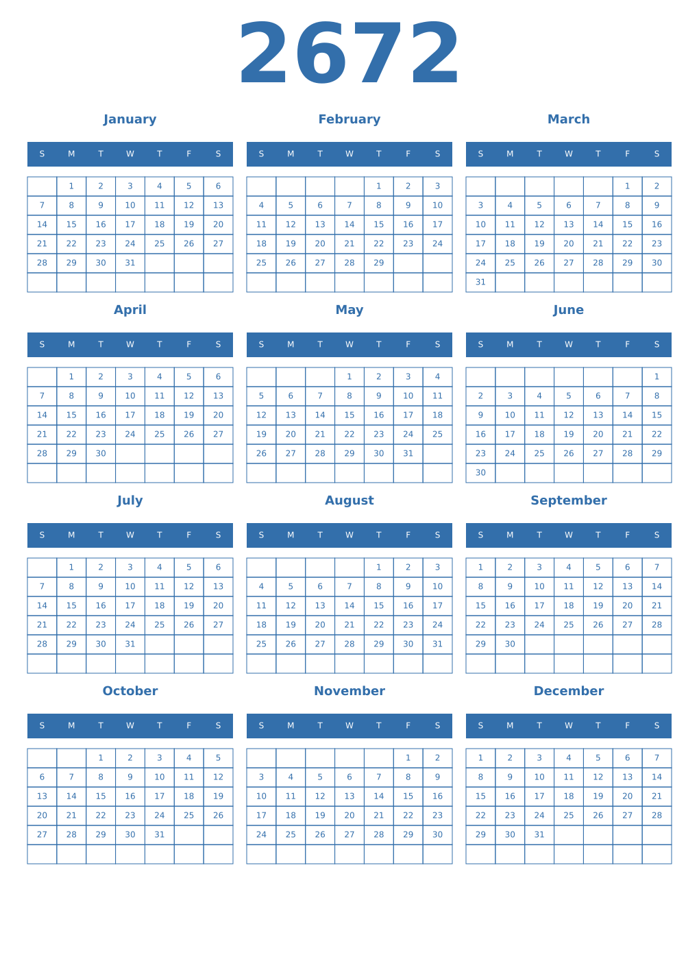 Printable 2672 Year Calendars blue