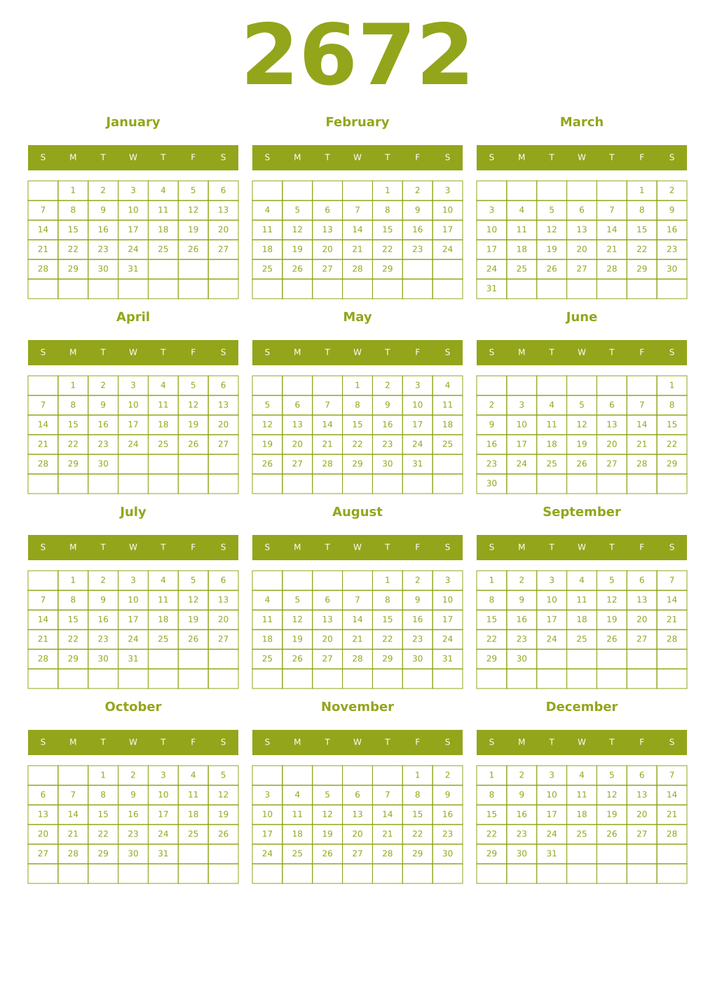 Printable 2672 Year Calendars chartreuse