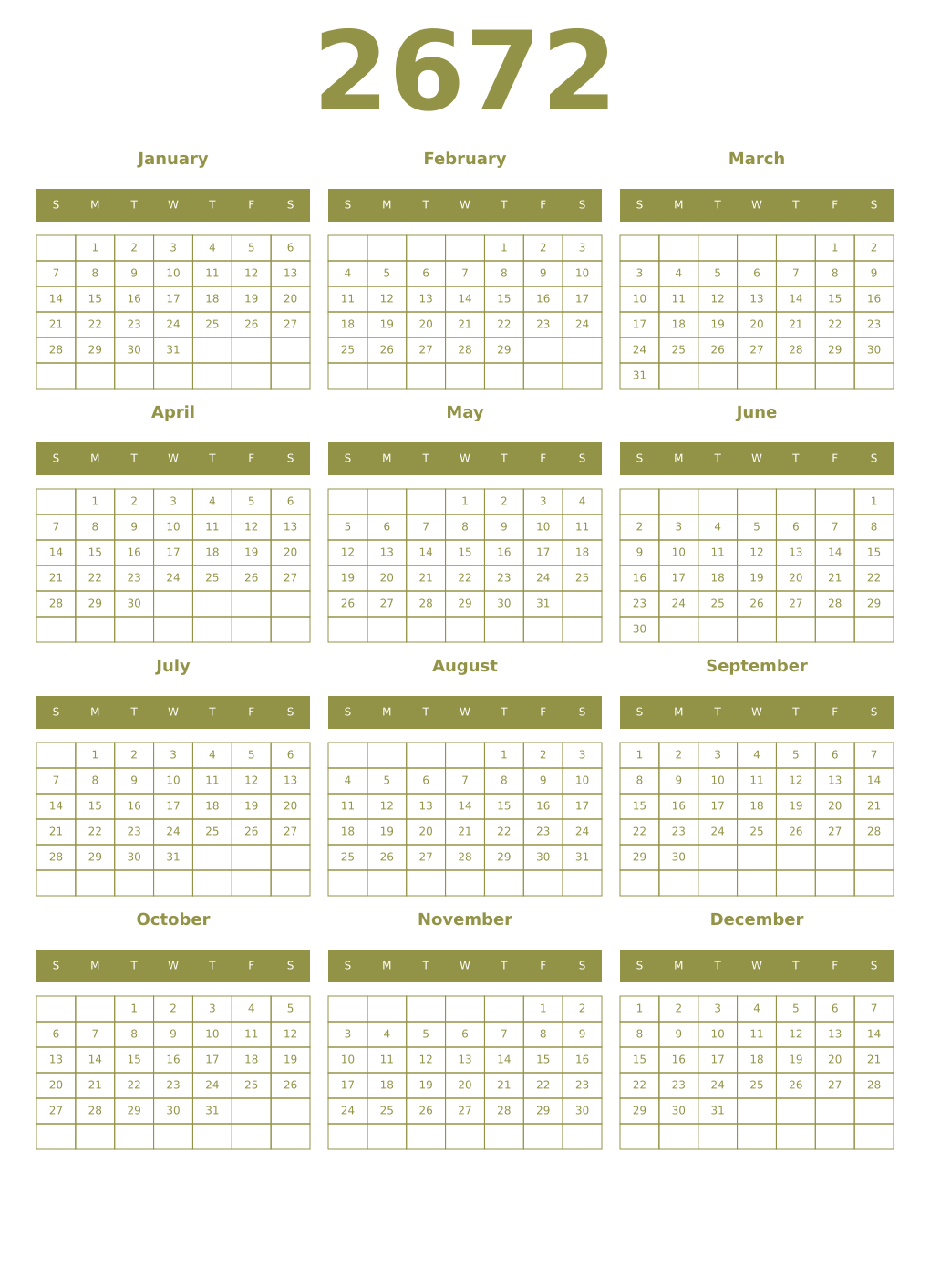 Printable 2672 Year Calendars eburnean