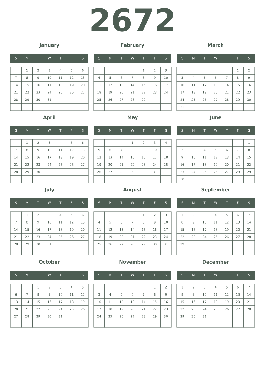 Printable 2672 Year Calendars feldgrau