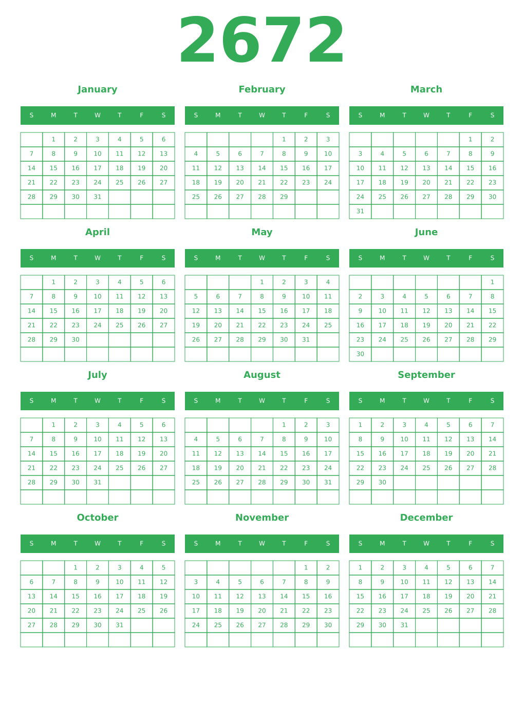Printable 2672 Year Calendars green