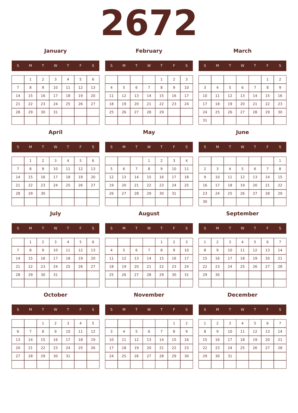 Printable 2672 Year Calendars mortuum