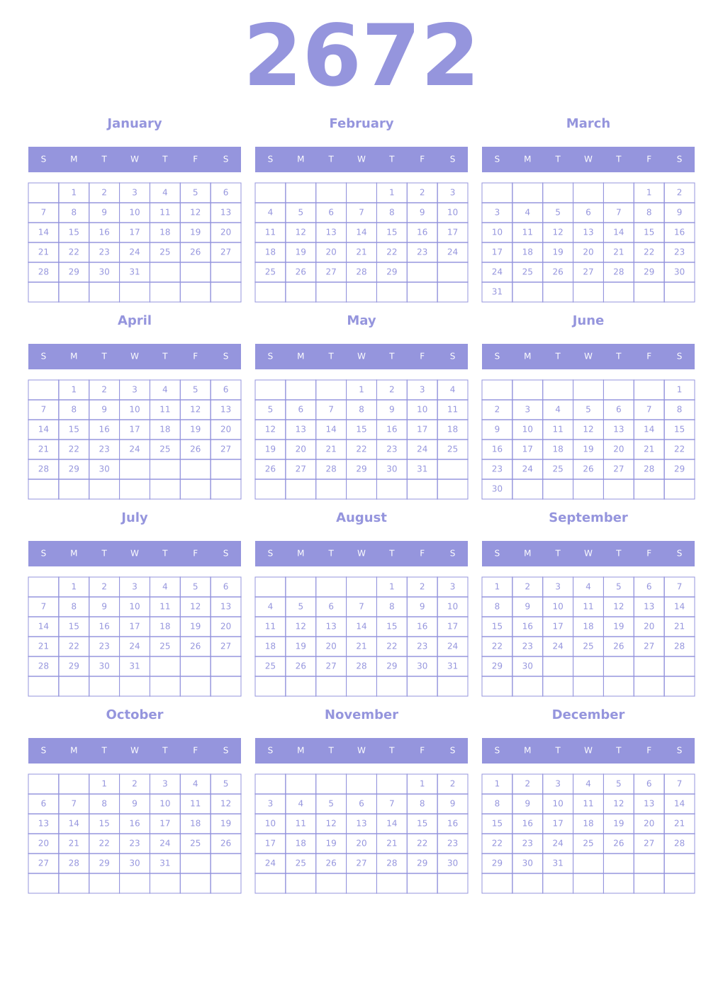 Printable 2672 Year Calendars periwinkle