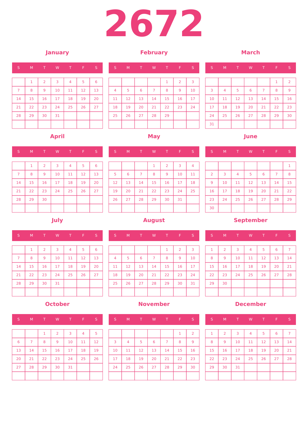Printable 2672 Year Calendars pink