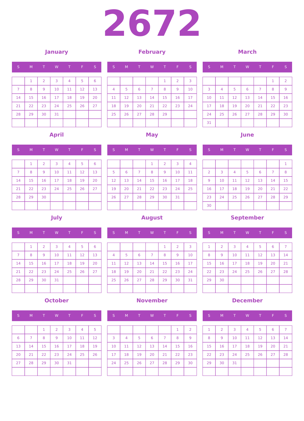 Printable 2672 Year Calendars purple