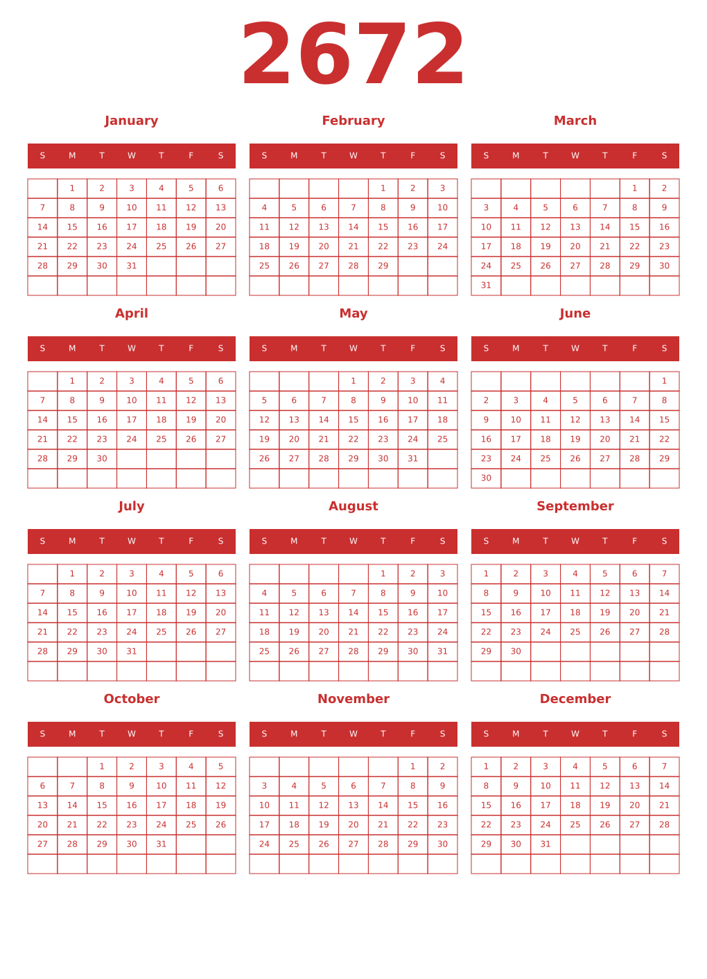 Printable 2672 Year Calendars red