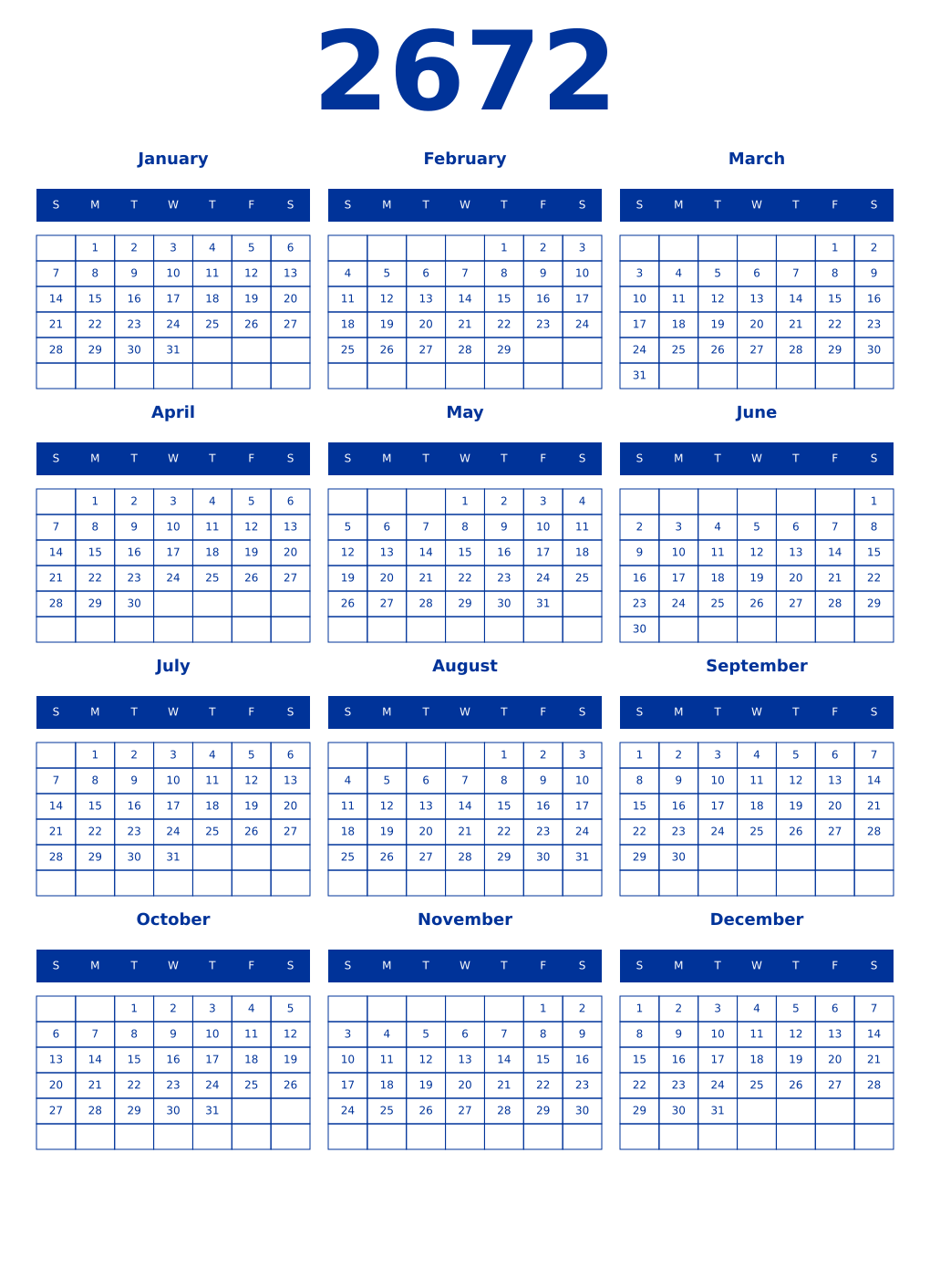 Printable 2672 Year Calendars smalt