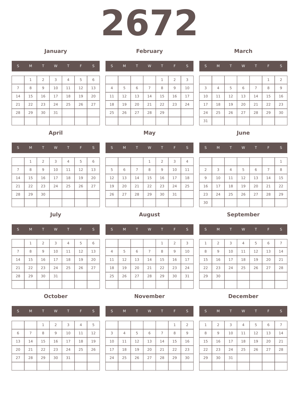 Printable 2672 Year Calendars wenge