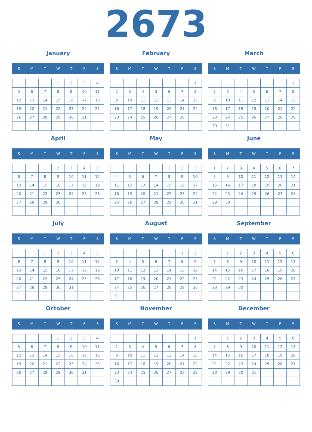 Printable 2673 Year Calendars blue