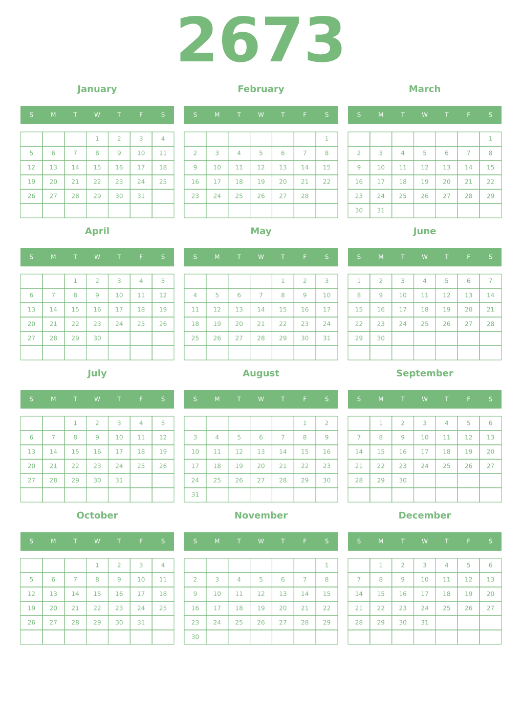 Printable 2673 Year Calendars celadon