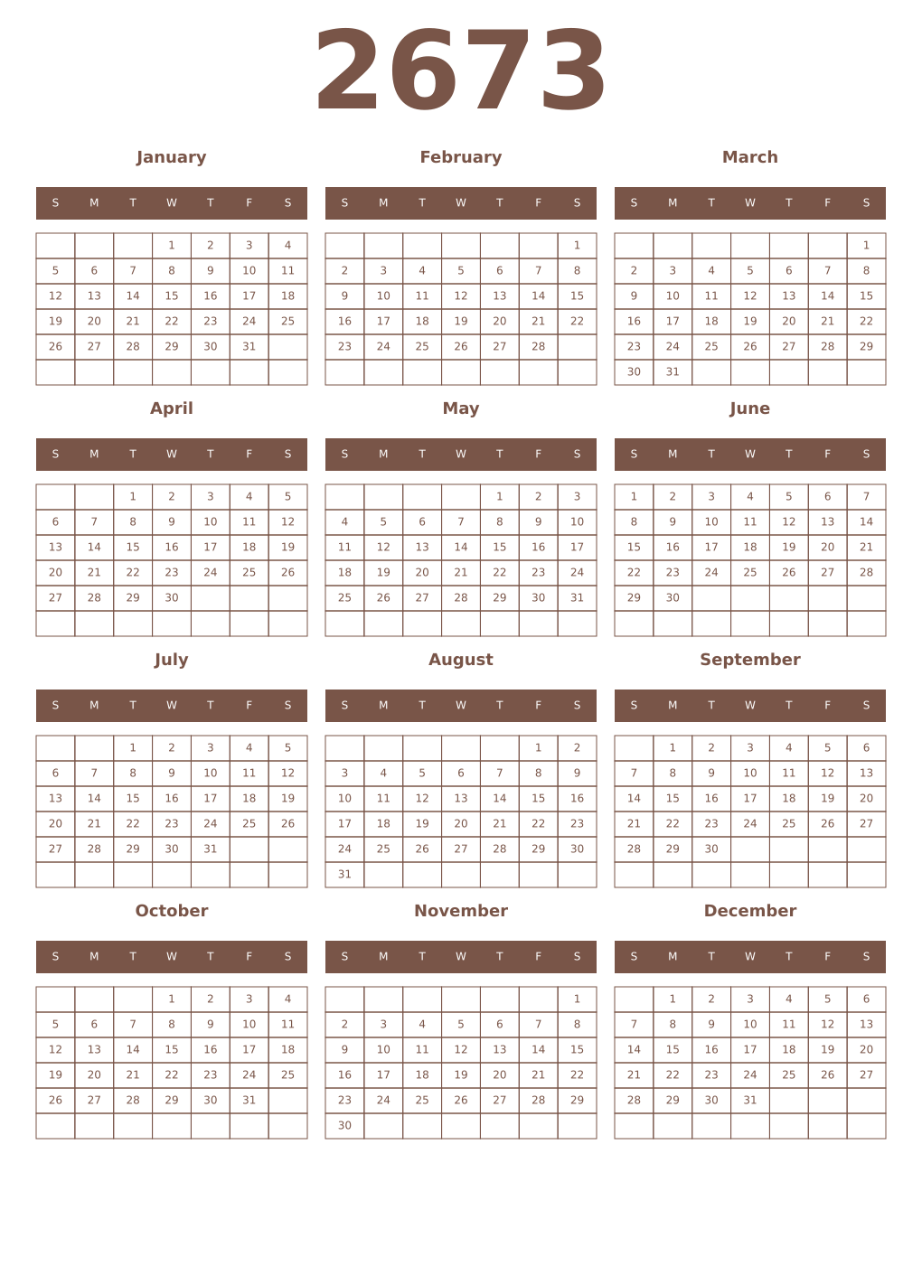 Printable 2673 Year Calendars coffe