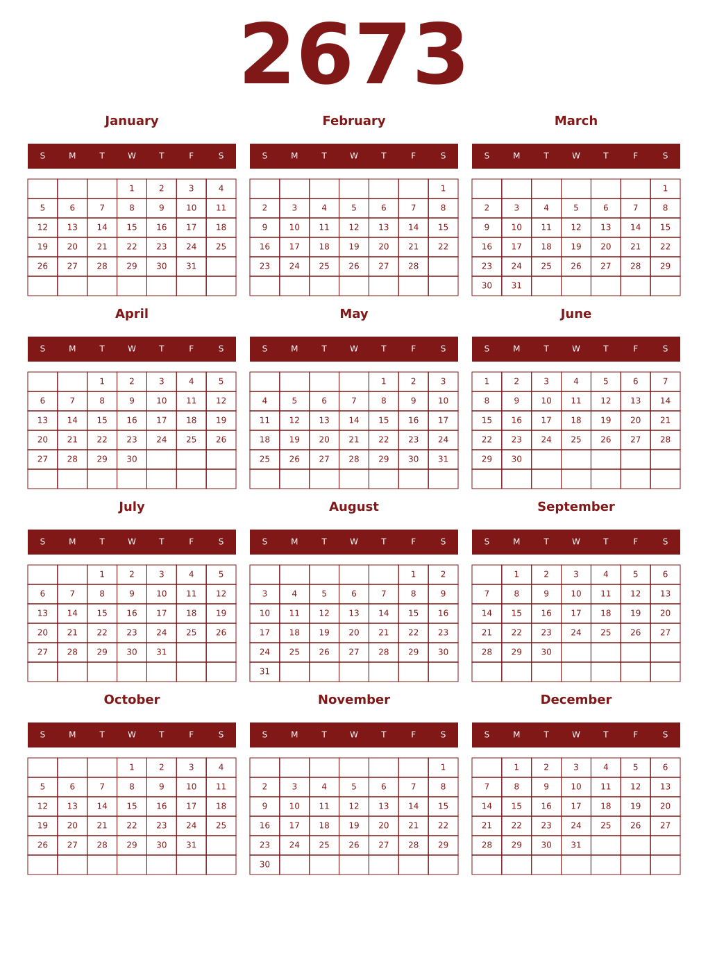 Printable 2673 Year Calendars falu