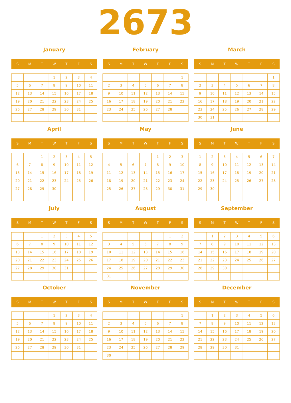 Printable 2673 Year Calendars gamboge