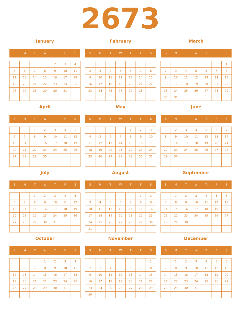 Printable 2673 Year Calendars orange
