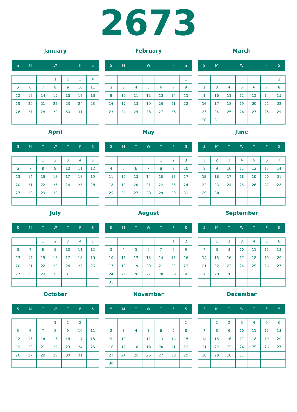 Printable 2673 Year Calendars pastel