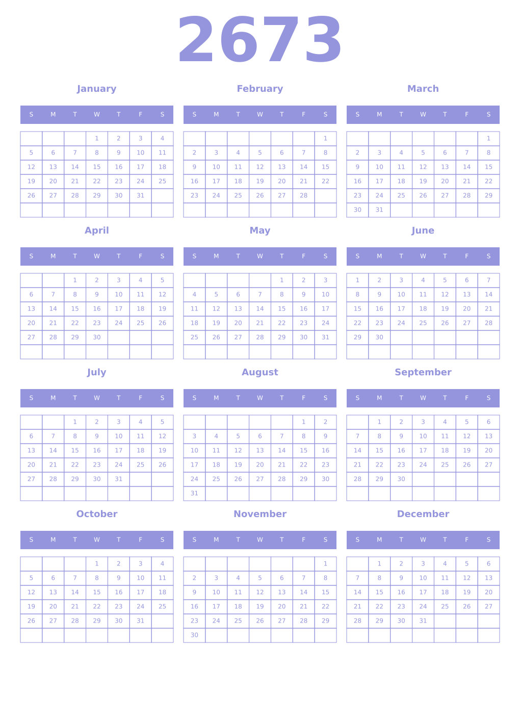Printable 2673 Year Calendars periwinkle