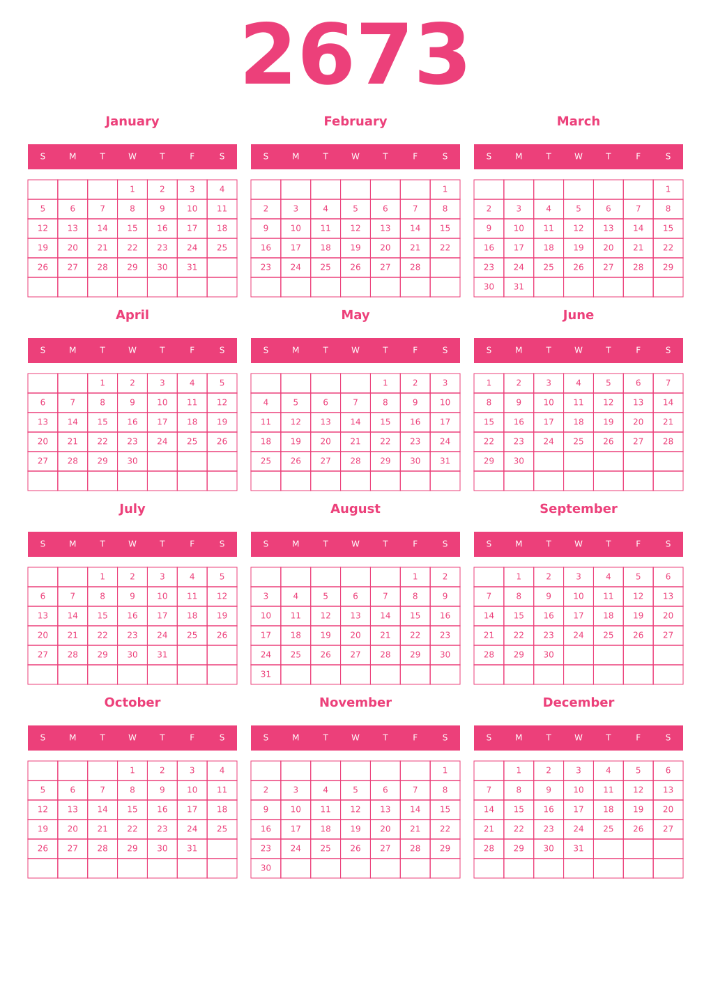 Printable 2673 Year Calendars pink