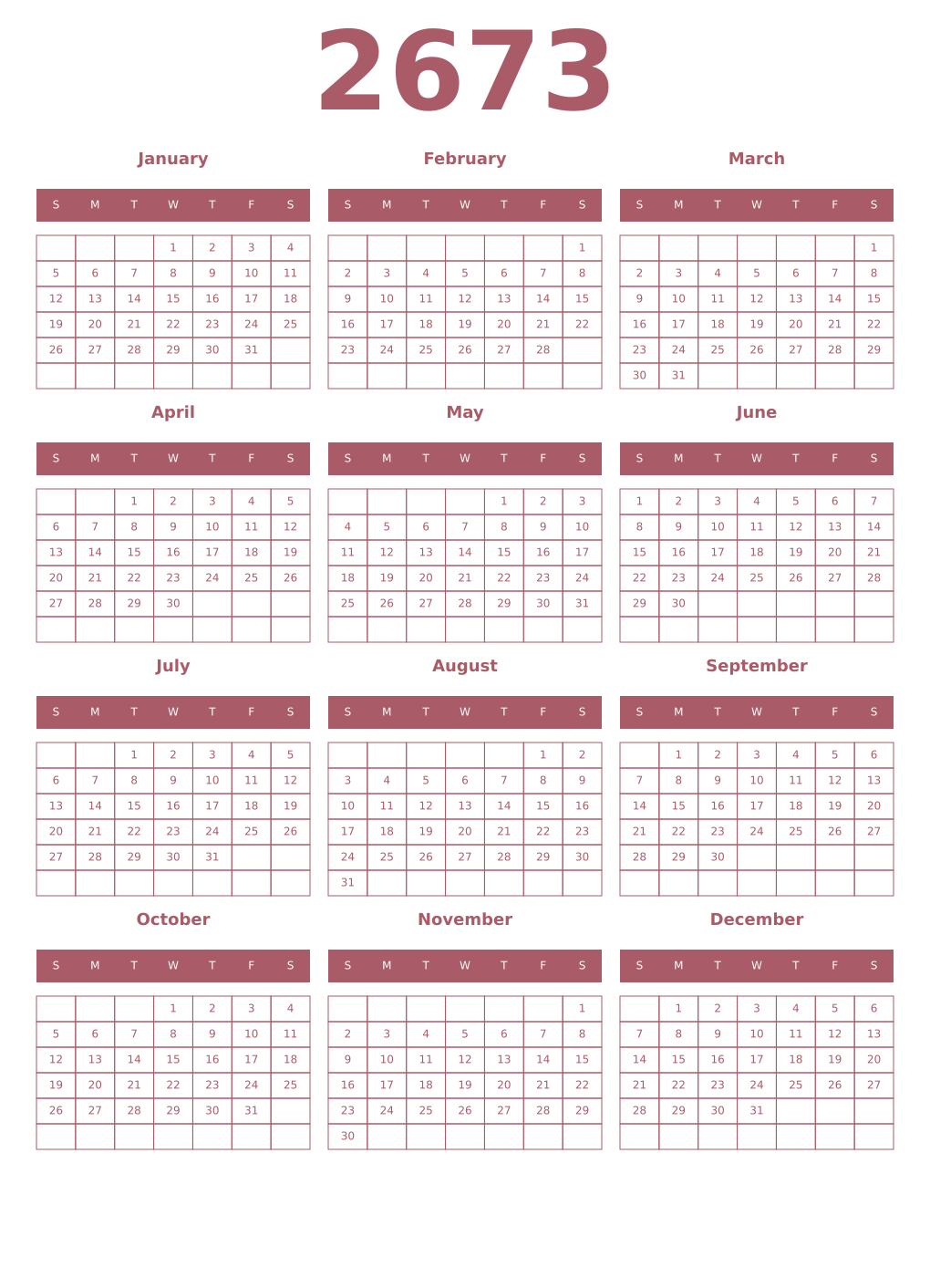 Printable 2673 Year Calendars puce
