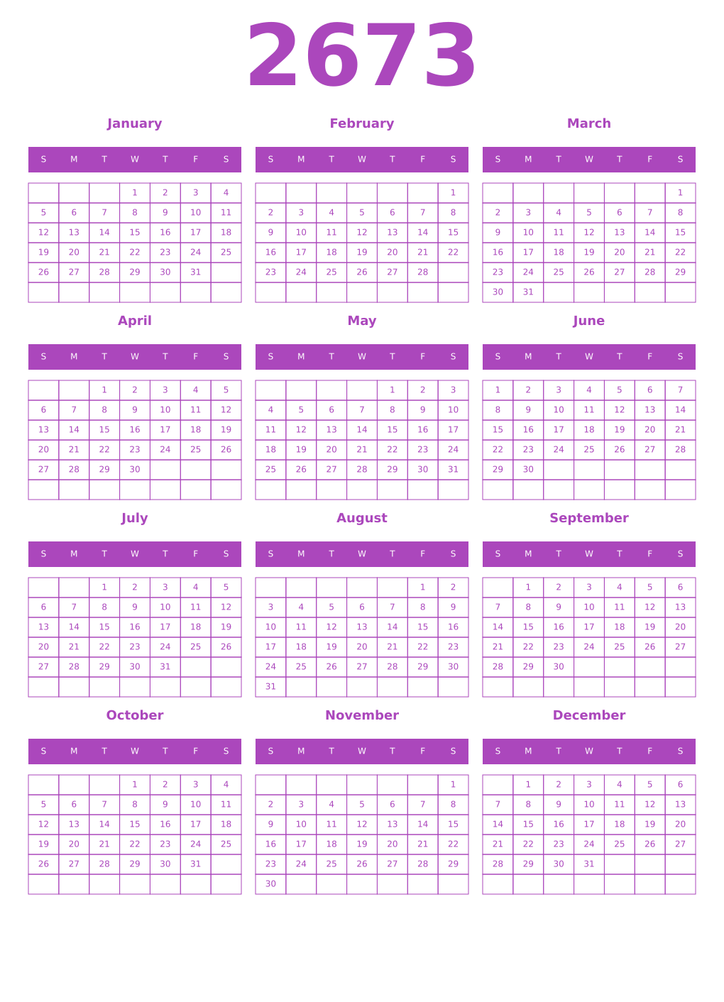 Printable 2673 Year Calendars purple
