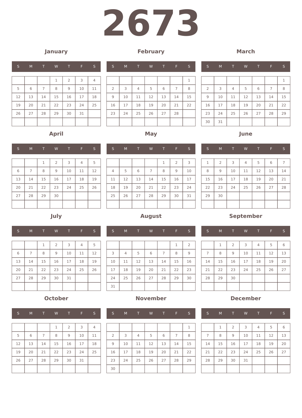 Printable 2673 Year Calendars wenge