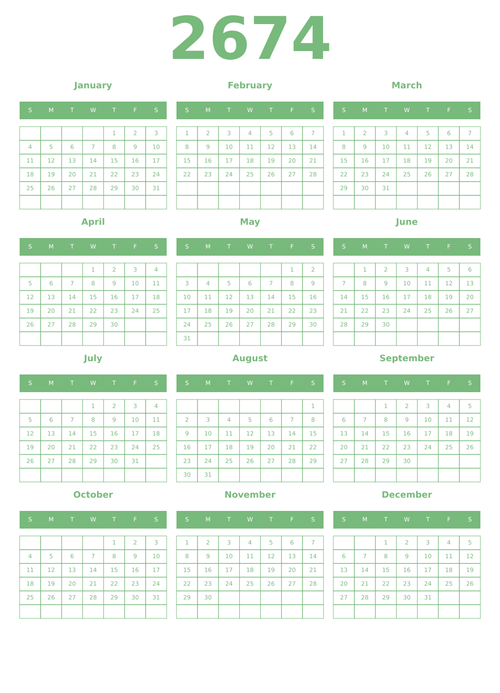 Printable 2674 Year Calendars celadon