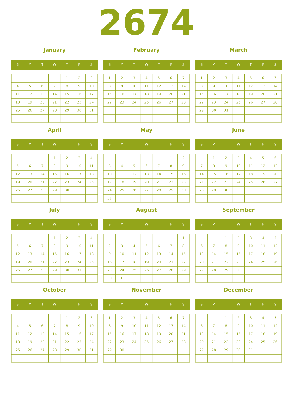 Printable 2674 Year Calendars chartreuse
