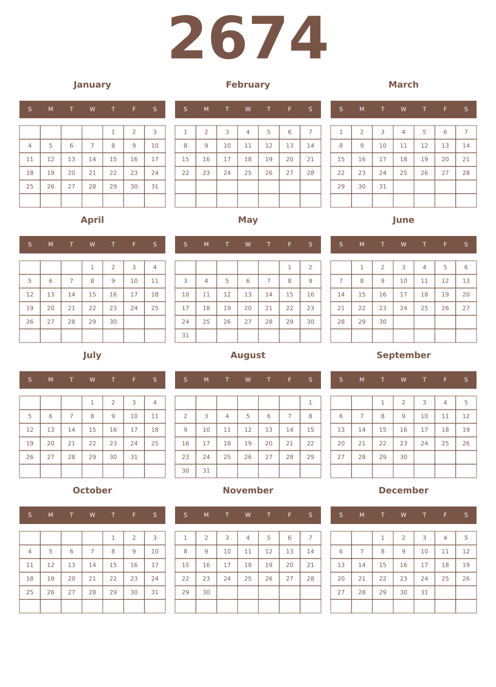 Printable 2674 Year Calendars coffe