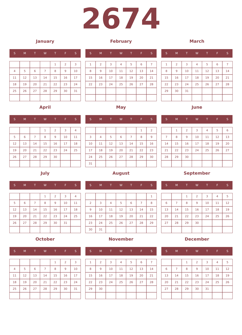 Printable 2674 Year Calendars cordovan