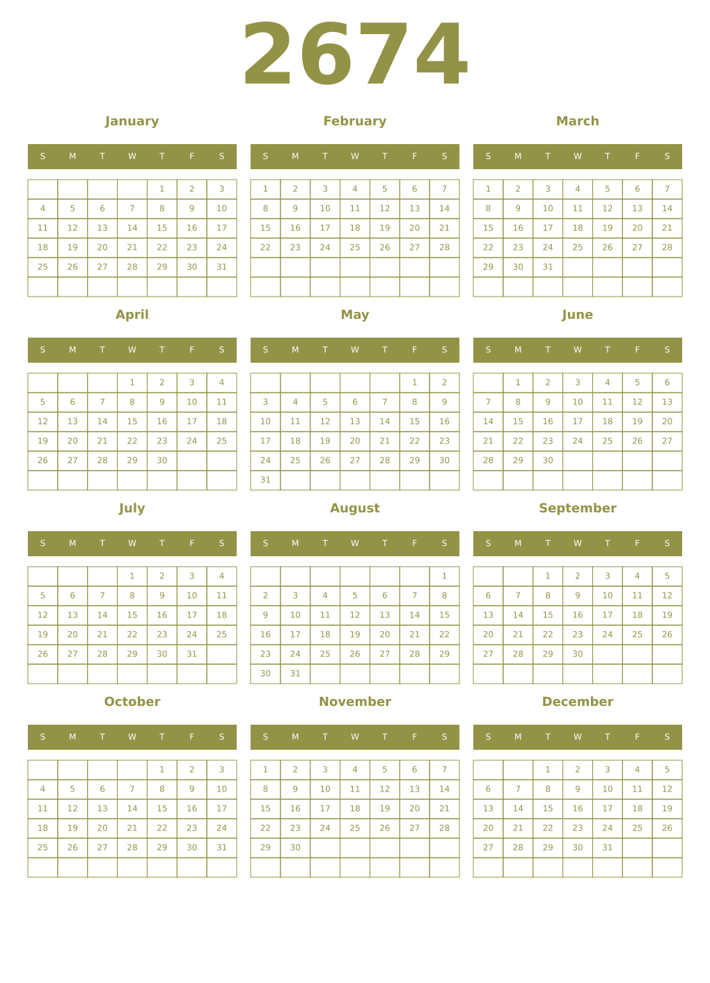 Printable 2674 Year Calendars eburnean