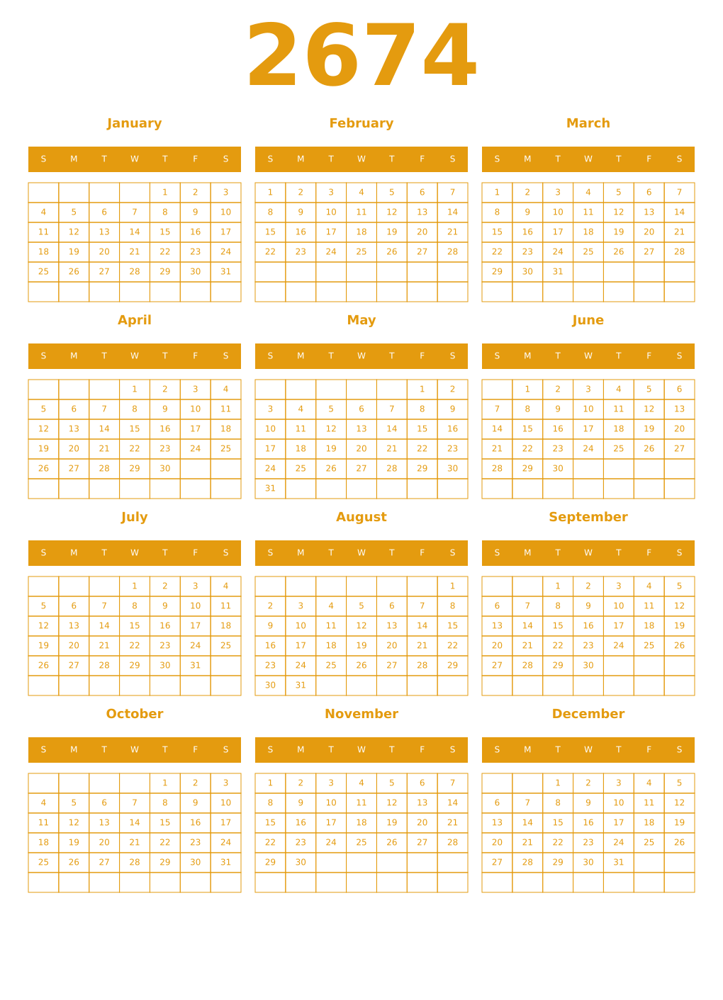 Printable 2674 Year Calendars gamboge