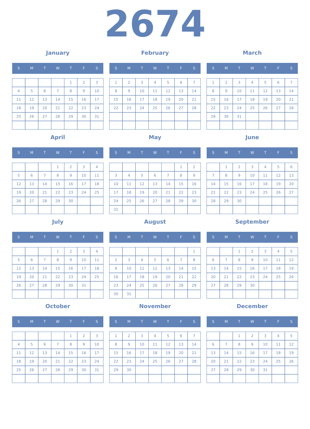 Printable 2674 Year Calendars glaucous