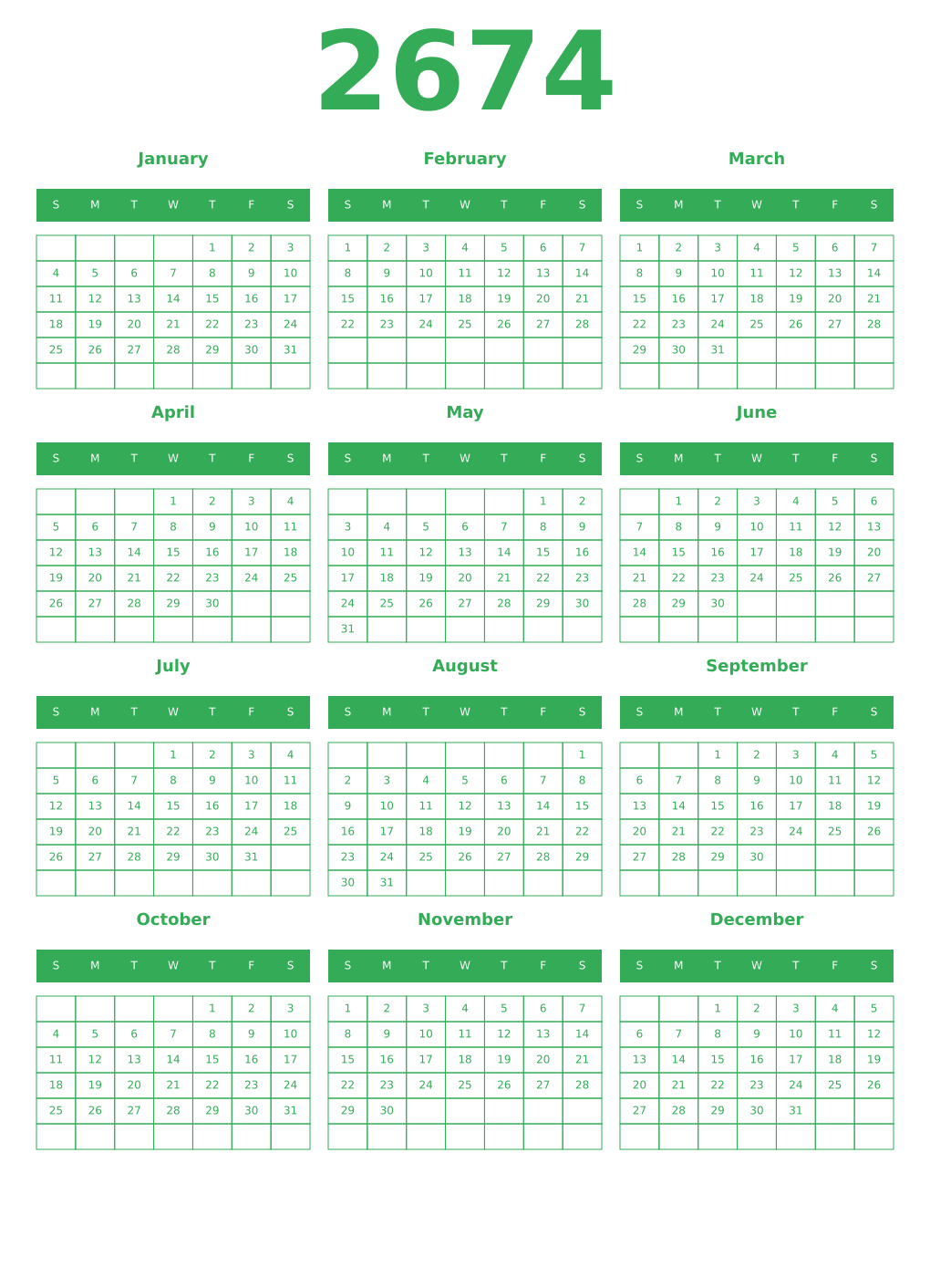 Printable 2674 Year Calendars green