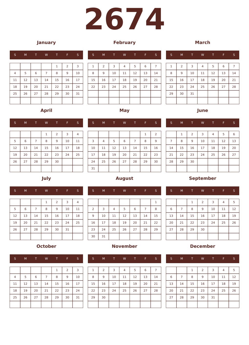 Printable 2674 Year Calendars mortuum