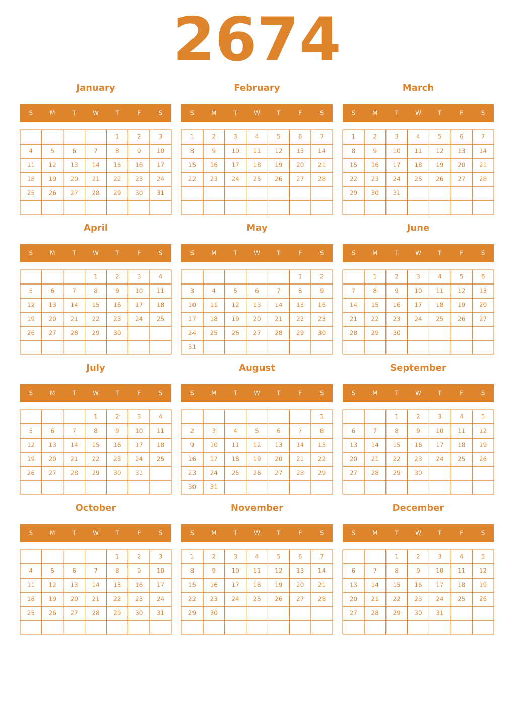 Printable 2674 Year Calendars orange
