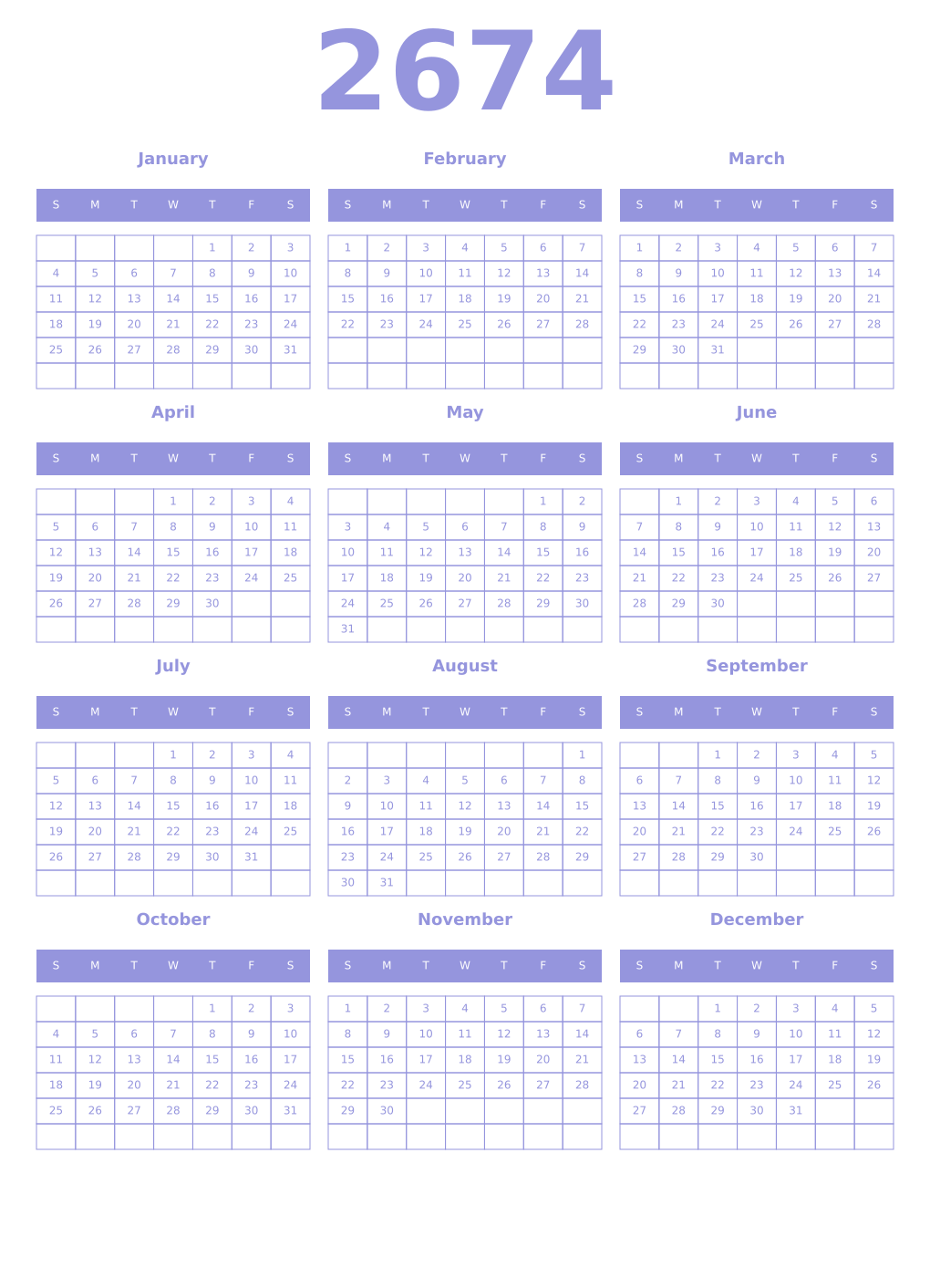 Printable 2674 Year Calendars periwinkle