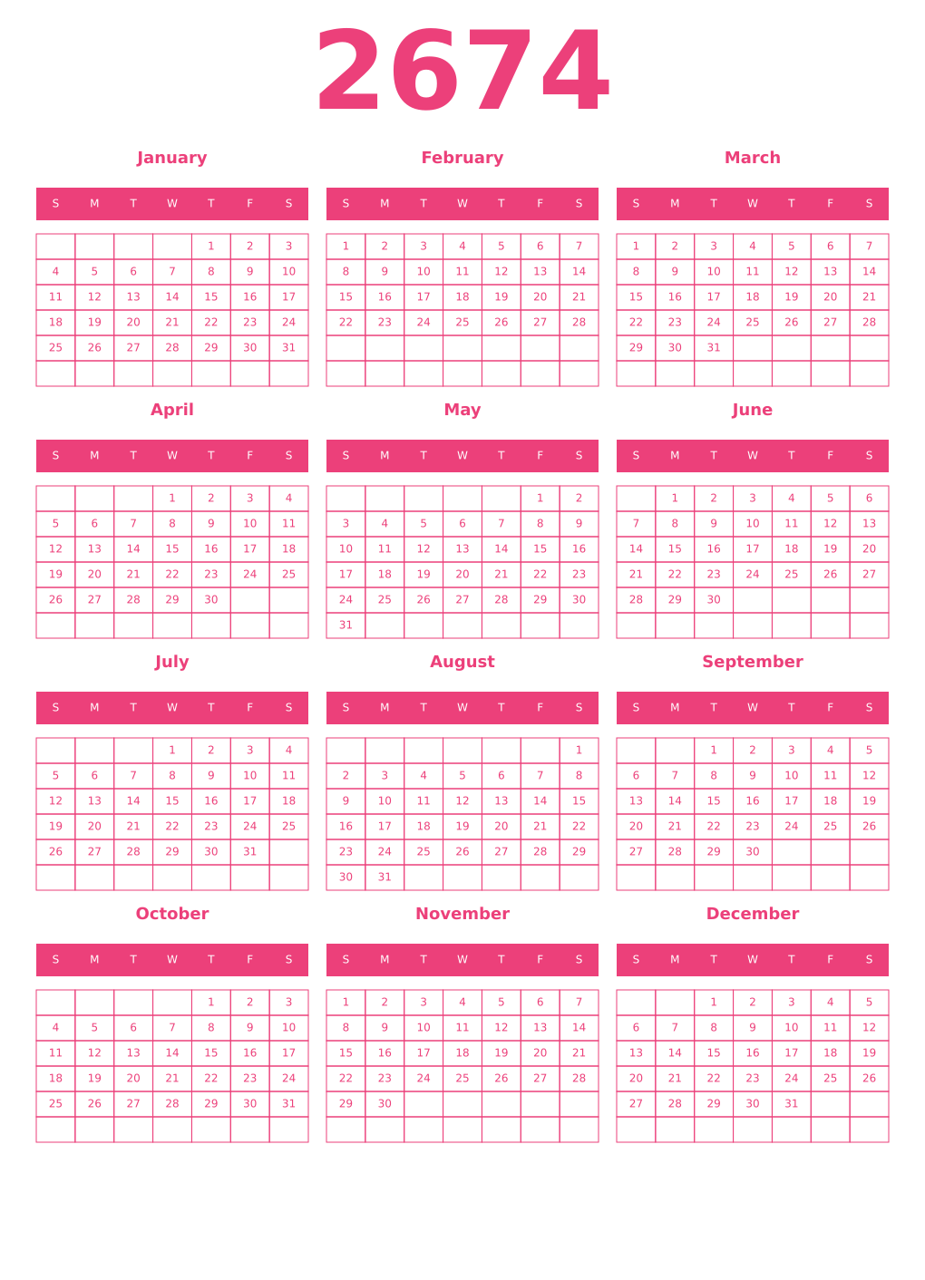 Printable 2674 Year Calendars pink