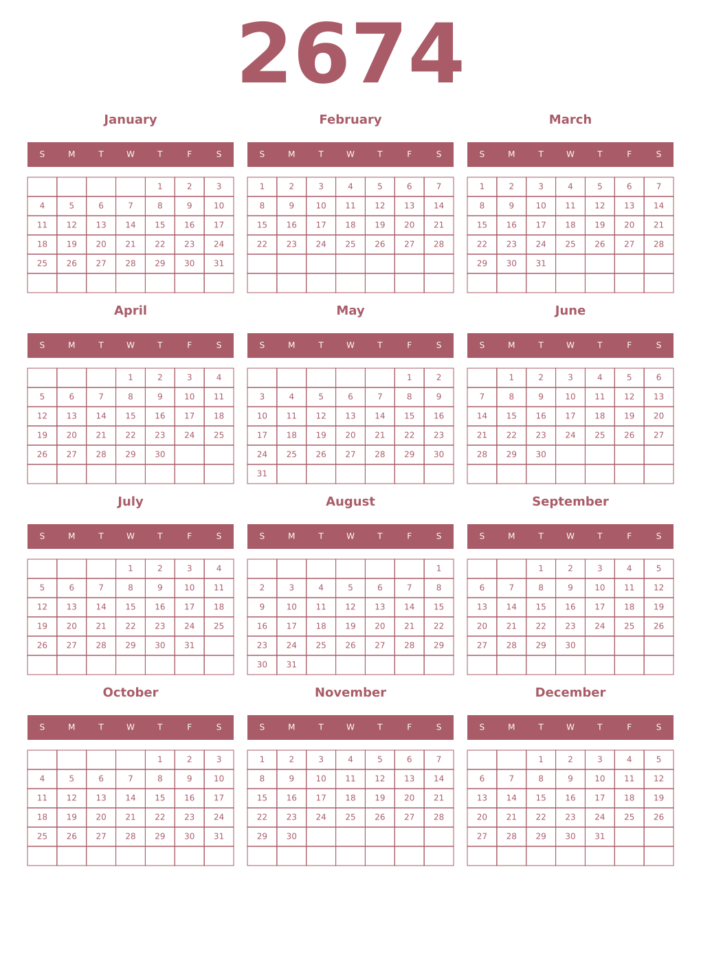Printable 2674 Year Calendars puce